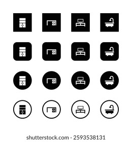 Minimalist furniture icons, black and white, simple geometric shapes, cabinet, desk, TV stand, bathtub, square icons, circular icons, outlined icons, interior design symbols, clean graphic design.