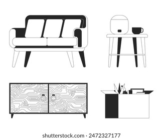 Muebles minimalistas y cosas personales blanco y negro 2D línea de dibujos animados conjunto. Diseño interior aislado de Vector contorno de elementos de colección. Ilustraciones de puntos planos monocromáticos