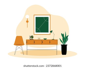 Minimalist furniture is placed in a room with a vintage feel, the walls are equipped with paintings and lamps, interior vector illustration.