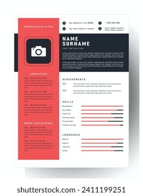 Minimalist and futuristic CV template design with soft red and black colors, curriculum vitae
