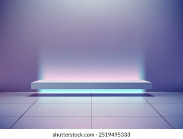 Exposição minimalista de produto futurista com um pódio retangular brilhante iluminado por luzes de néon vibrantes. Perfeito para mostrar tecnologia moderna