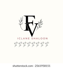 Minimalist FV Monogram with Botanical Illustration.Elegan Initial VF Logo with Floral Element.  Wedding logos, hand drawn elegant, delicate and minimalist,black and white vintage logo for beauty shop.