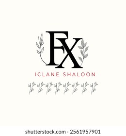 Minimalist FX Monogram with Botanical Illustration.Elegan Initial XF Logo with Floral Element.  Wedding logos, hand drawn elegant, delicate and minimalist,black and white vintage logo for beauty shop.