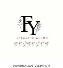 Minimalist FY Monogram with Botanical Illustration.Elegan Initial YF Logo with Floral Element.  Wedding logos, hand drawn elegant, delicate and minimalist,black and white vintage logo for beauty shop.