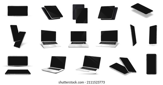 Minimalist gadgets set with black blank screen. 3D realistic device, detailed collection. Tablet, laptop, smartphone in perspective Isometric, frontal, side view.  Mockup device. Tablet and phone set