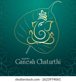 Minimalist Ganesh Chaturthi design with golden Ganesha outline inside a peepal leaf on green background perfect for greeting cards posters and digital festival artwork