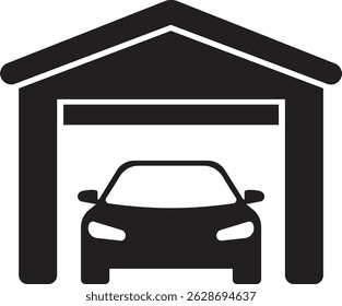 Minimalist Garage with Car Silhouette Icon—Monochrome Vector Design