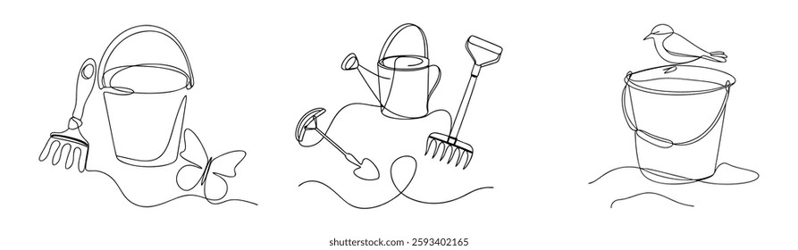 Minimalist Garden Tools with Bird and Butterfly One-Line Art — simple black-and-white sketch: bucket, rake, shovel, bird, butterfly. Trendy eco-friendly design for 2025 nature themes.