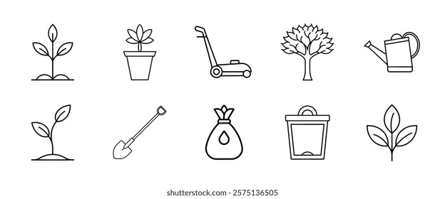 Minimalist gardening line art icon collection featuring essential gardening elements in a clean, outline style. Set includes growing plants, potted flower, lawn mower, mature tree, watering can