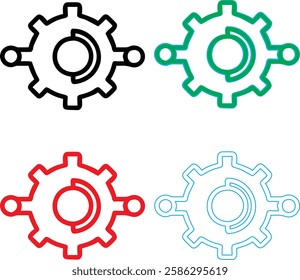 Minimalist gear icons, geometric shapes, cog wheels, simple line drawings, color variety, black green blue pink, tech symbols, industrial design elements, clean vector graphics, isolated on white back