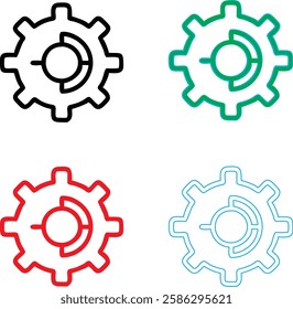 Minimalist gear icons, geometric shapes, cog wheels, simple line drawings, color variety, black green blue pink, tech symbols, industrial design elements, clean vector graphics, isolated on white back