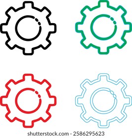 Minimalist gear icons, geometric shapes, cog wheels, simple line drawings, color variety, black green blue pink, tech symbols, industrial design elements, clean vector graphics, isolated on white back