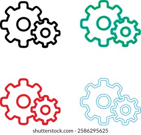 Minimalist gear icons, geometric shapes, cog wheels, simple line drawings, color variety, black green blue pink, tech symbols, industrial design elements, clean vector graphics, isolated on white back