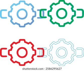 Minimalist gear icons, geometric shapes, cog wheels, simple line drawings, color variety, black green blue pink, tech symbols, industrial design elements, clean vector graphics, isolated on white back