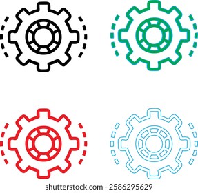 Minimalist gear icons, geometric shapes, cog wheels, simple line drawings, color variety, black green blue pink, tech symbols, industrial design elements, clean vector graphics, isolated on white back