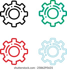 Minimalist gear icons, geometric shapes, cog wheels, simple line drawings, color variety, black green blue pink, tech symbols, industrial design elements, clean vector graphics, isolated on white back