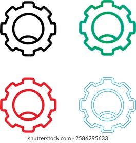 Minimalist gear icons, geometric shapes, cog wheels, simple line drawings, color variety, black green blue pink, tech symbols, industrial design elements, clean vector graphics, isolated on white back