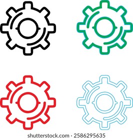 Minimalist gear icons, geometric shapes, cog wheels, simple line drawings, color variety, black green blue pink, tech symbols, industrial design elements, clean vector graphics, isolated on white back