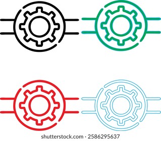 Minimalist gear icons, geometric shapes, cog wheels, simple line drawings, color variety, black green blue pink, tech symbols, industrial design elements, clean vector graphics, isolated on white back