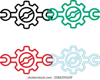 Minimalist gear icons, geometric shapes, cog wheels, simple line drawings, color variety, black green blue pink, tech symbols, industrial design elements, clean vector graphics, isolated on white back