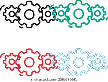 Minimalist gear icons, geometric shapes, cog wheels, simple line drawings, color variety, black green blue pink, tech symbols, industrial design elements, clean vector graphics, isolated on white back