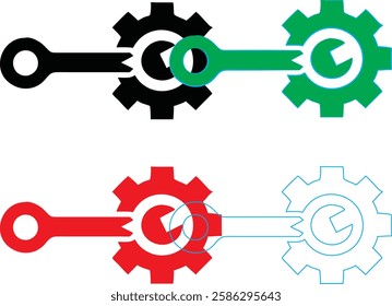 Minimalist gear icons, geometric shapes, cog wheels, simple line drawings, color variety, black green blue pink, tech symbols, industrial design elements, clean vector graphics, isolated on white back