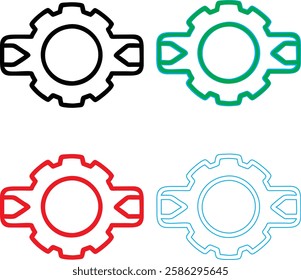 Minimalist gear icons, geometric shapes, cog wheels, simple line drawings, color variety, black green blue pink, tech symbols, industrial design elements, clean vector graphics, isolated on white back