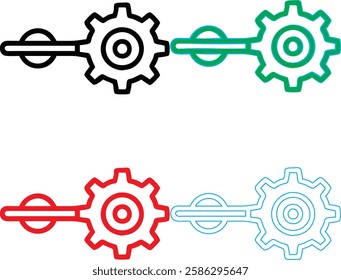 Minimalist gear icons, geometric shapes, cog wheels, simple line drawings, color variety, black green blue pink, tech symbols, industrial design elements, clean vector graphics, isolated on white back