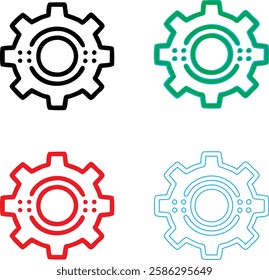 Minimalist gear icons, geometric shapes, cog wheels, simple line drawings, color variety, black green blue pink, tech symbols, industrial design elements, clean vector graphics, isolated on white back