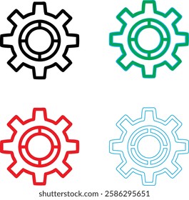 Minimalist gear icons, geometric shapes, cog wheels, simple line drawings, color variety, black green blue pink, tech symbols, industrial design elements, clean vector graphics, isolated on white back