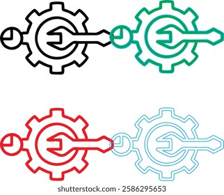 Minimalist gear icons, geometric shapes, cog wheels, simple line drawings, color variety, black green blue pink, tech symbols, industrial design elements, clean vector graphics, isolated on white back