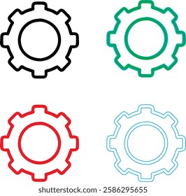 Minimalist gear icons, geometric shapes, cog wheels, simple line drawings, color variety, black green blue pink, tech symbols, industrial design elements, clean vector graphics, isolated on white back