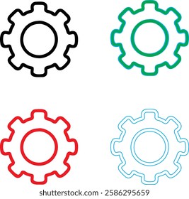 Minimalist gear icons, geometric shapes, cog wheels, simple line drawings, color variety, black green blue pink, tech symbols, industrial design elements, clean vector graphics, isolated on white back