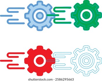 Minimalist gear icons, geometric shapes, cog wheels, simple line drawings, color variety, black green blue pink, tech symbols, industrial design elements, clean vector graphics, isolated on white back