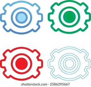 Minimalist gear icons, geometric shapes, cog wheels, simple line drawings, color variety, black green blue pink, tech symbols, industrial design elements, clean vector graphics, isolated on white back