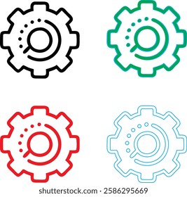 Minimalist gear icons, geometric shapes, cog wheels, simple line drawings, color variety, black green blue pink, tech symbols, industrial design elements, clean vector graphics, isolated on white back