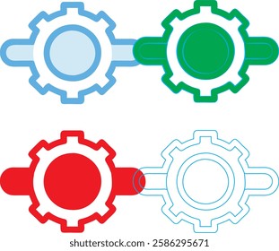 Minimalist gear icons, geometric shapes, cog wheels, simple line drawings, color variety, black green blue pink, tech symbols, industrial design elements, clean vector graphics, isolated on white back