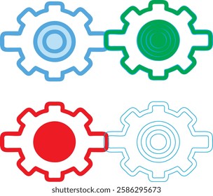 Minimalist gear icons, geometric shapes, cog wheels, simple line drawings, color variety, black green blue pink, tech symbols, industrial design elements, clean vector graphics, isolated on white back