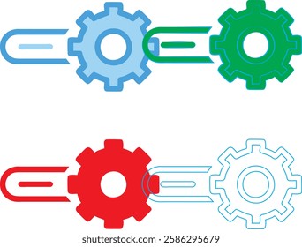 Minimalist gear icons, geometric shapes, cog wheels, simple line drawings, color variety, black green blue pink, tech symbols, industrial design elements, clean vector graphics, isolated on white back