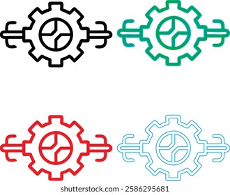 Minimalist gear icons, geometric shapes, cog wheels, simple line drawings, color variety, black green blue pink, tech symbols, industrial design elements, clean vector graphics, isolated on white back