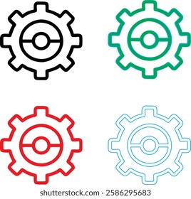 Minimalist gear icons, geometric shapes, cog wheels, simple line drawings, color variety, black green blue pink, tech symbols, industrial design elements, clean vector graphics, isolated on white back