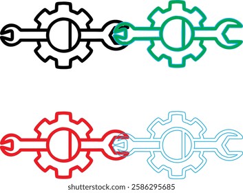 Minimalist gear icons, geometric shapes, cog wheels, simple line drawings, color variety, black green blue pink, tech symbols, industrial design elements, clean vector graphics, isolated on white back