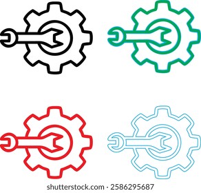 Minimalist gear icons, geometric shapes, cog wheels, simple line drawings, color variety, black green blue pink, tech symbols, industrial design elements, clean vector graphics, isolated on white back