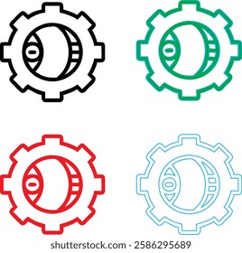 Minimalist gear icons, geometric shapes, cog wheels, simple line drawings, color variety, black green blue pink, tech symbols, industrial design elements, clean vector graphics, isolated on white back