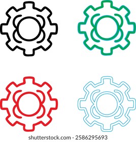 Minimalist gear icons, geometric shapes, cog wheels, simple line drawings, color variety, black green blue pink, tech symbols, industrial design elements, clean vector graphics, isolated on white back