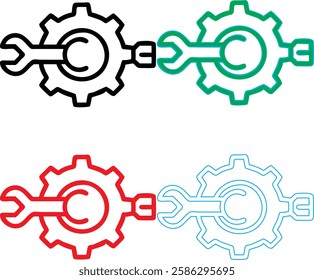 Minimalist gear icons, geometric shapes, cog wheels, simple line drawings, color variety, black green blue pink, tech symbols, industrial design elements, clean vector graphics, isolated on white back