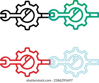 Minimalist gear icons, geometric shapes, cog wheels, simple line drawings, color variety, black green blue pink, tech symbols, industrial design elements, clean vector graphics, isolated on white back