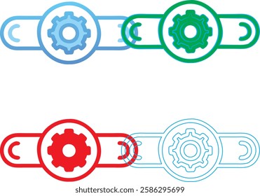 Minimalist gear icons, geometric shapes, cog wheels, simple line drawings, color variety, black green blue pink, tech symbols, industrial design elements, clean vector graphics, isolated on white back