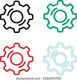 Minimalist gear icons, geometric shapes, cog wheels, simple line drawings, color variety, black green blue pink, tech symbols, industrial design elements, clean vector graphics, isolated on white back