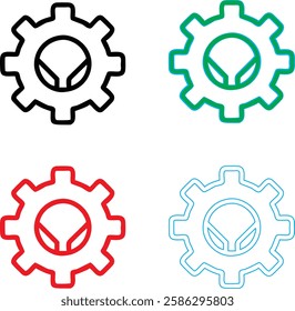 Minimalist gear icons, geometric shapes, cog wheels, simple line drawings, color variety, black green blue pink, tech symbols, industrial design elements, clean vector graphics, isolated on white back